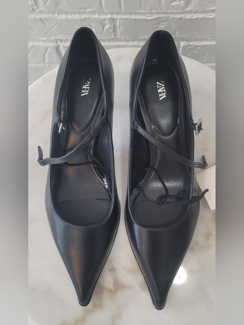 Zara Black Pointed Mary Jane Heels with Slim Strap size 38 US 7